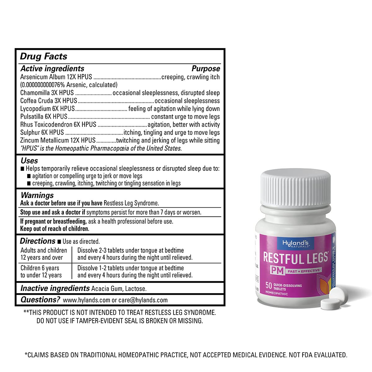 Hyland's Restful Legs PM, Nighttime Formula, Calms Agitated Legs so You Can Sleep, 50 Quick Dissolving Tablets