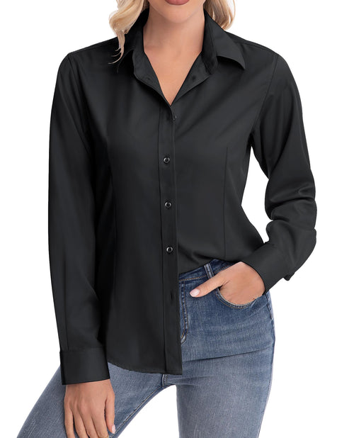 siliteelon Womens Classic-Fit Dress Shirts Long Sleeve Button Down Wrinkle-Free Stretch Solid Casual Work Office Blouse Top Black Large