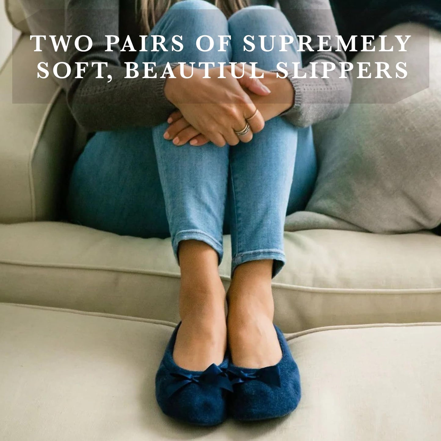 isotoner Women's 2 Pack Microterry Ballerina Slippers with Satin Bow, Suede Sole, and Terry Lining , Periwinkle Quilted/Ash Solid, 8-9