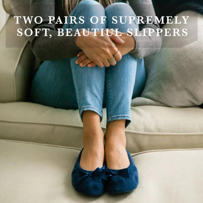isotoner Women's 2 Pack Microterry Ballerina Slippers with Satin Bow, Suede Sole, and Terry Lining , Periwinkle Quilted/Ash Solid, 8-9
