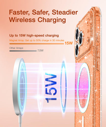 BERFY for iPhone 17 Pro Max Case for Women, Compatible with MagSafe, Clear Glitter Shockproof Protective Case, Anti-Yellowing, with Screen Protector & 3 Diamond Camera Lens Covers 6.9", Sparkle Clear