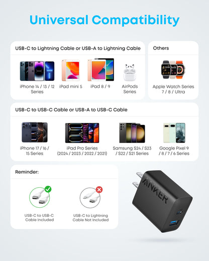 Anker iPhone 17/16 Charger, 2-Pack 20W Fast USB C Charger Block, for iPhone 16/16 Pro Max/15 Series/iPad Pro and More (Black, 2 Pack & 2 Cable)