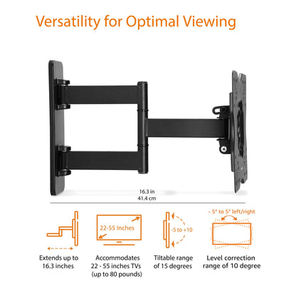 Amazon Basics Full Motion Articulating TV Wall Mount, with Swivel and Tilt, for 26" to 55" TVs and Flat Panels up to 80 Lbs, VESA Compatible, Black