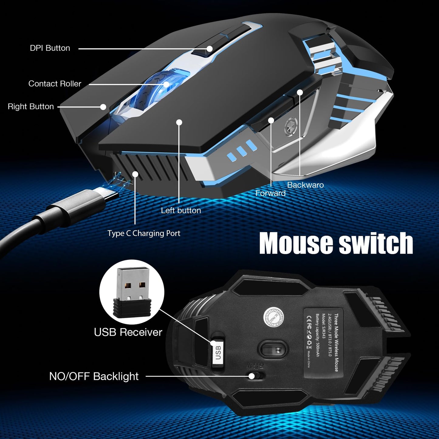 Bluetooth Mouse Wireless, Rechargeable, Multi-Device(2.4G/BT5.0/BT3.0), 7 Buttons, Silent Click, Ergonomic, 7-Color Backlit, LED Light up Mice for Laptop, Computer, Mac, PC, Chromebook - Black