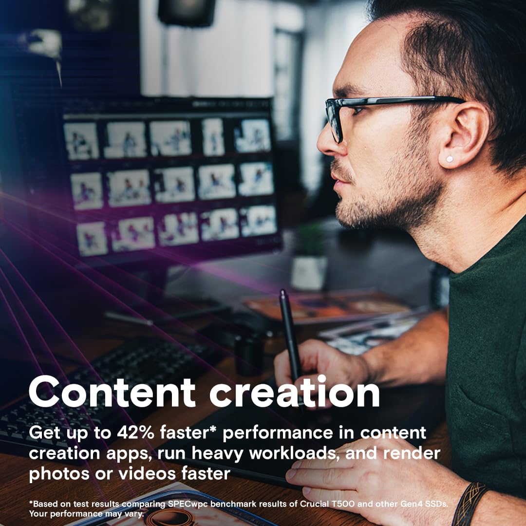 Crucial T500 2TB Gen4 NVMe M.2 Internal Gaming SSD, Up to 7400MB/s, Laptop & Desktop Compatible + 1mo Adobe CC All Apps - CT2000T500SSD8