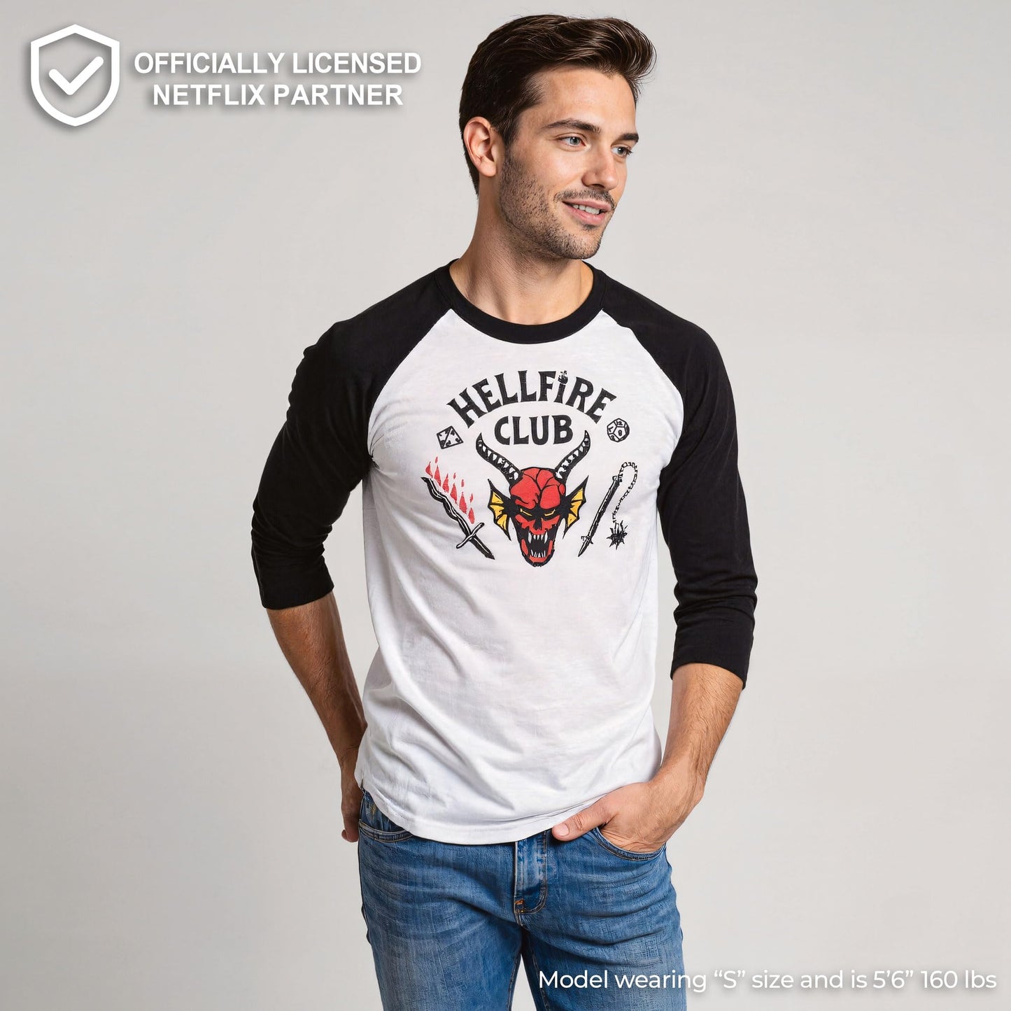 Men's Stranger Things Hellfire Club Costume Baseball Tee - White/Black - Medium