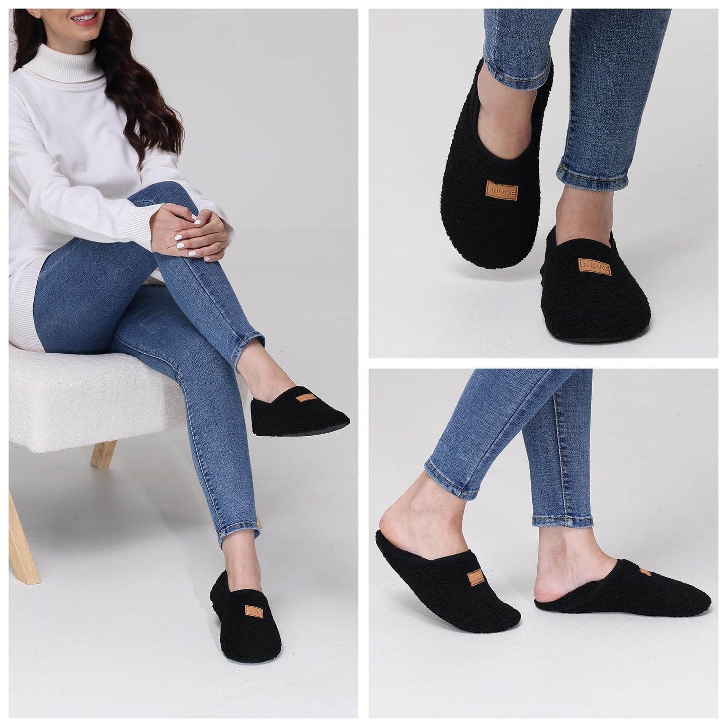 ANLUKE Slipper for Women Men Slipper Socks Fuzzy House Shoes Rubber Sole Slip On Soft-Lightweight Non Slip Indoor/Outdoor Black