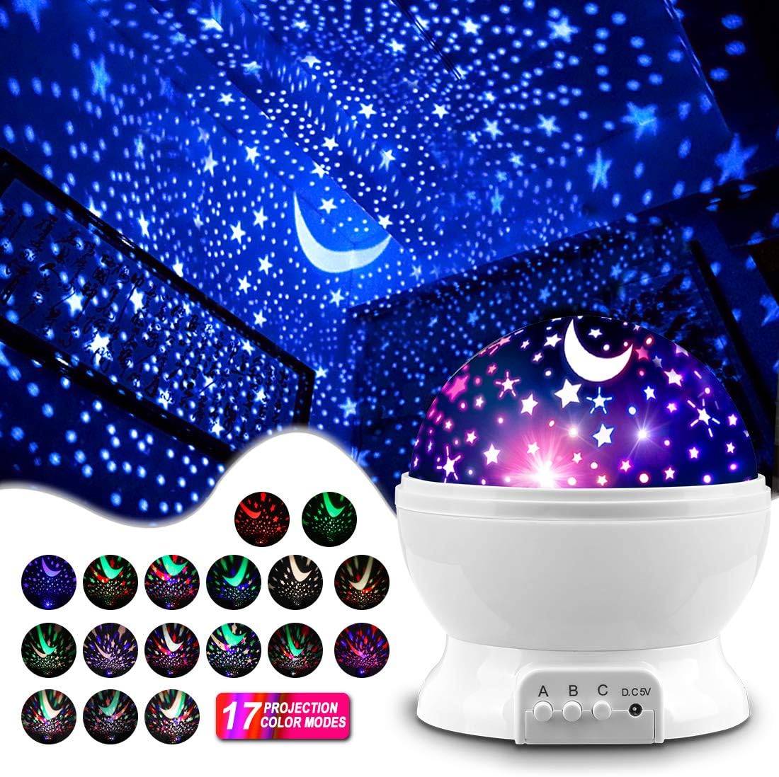 MOKOQI Star Projector Night Lights for Kids, Fun Gifts for 1-4-6-14 Year Old Girl and Boy, Projection Lamp for Kids Bedroom Ceiling, Stars and Moon for Child Asleep Peacefully (White)