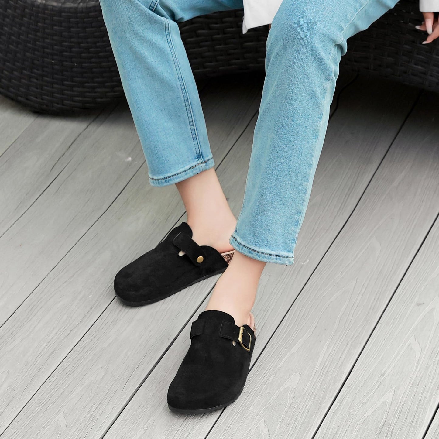 Women's Suede Clogs Mens Leather Mules Comfort Cork Footbed Antislip House Sandals Arch Support Potato Shoes with Adjustable Buckle Black
