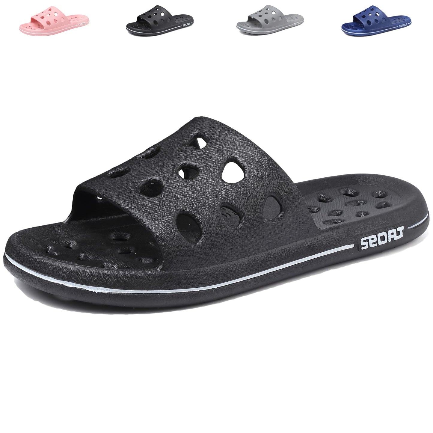 FINLEOO Shower Shoes for Women Men, Quick Drying Shower Sandals with Drain Holes Non-Slip Pool Slides Comfortable Lightweight House Slippers-Black