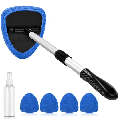 AstroAI Windshield Cleaner Tool, Car Interior Detailing Cleaning Kit with Extendable Handle and 4 Upgraded High-Density Reusable Microfiber Pads, Auto Glass Wiper Brush Kit for Cars, Blue, 15.9in-21in
