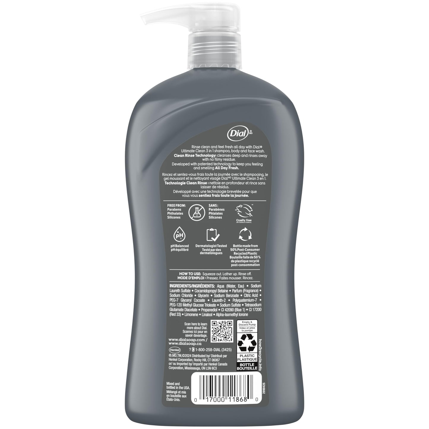 Dial Men 3in1 Body, Hair and Face Wash, Ultimate Clean, 32 Fl Oz