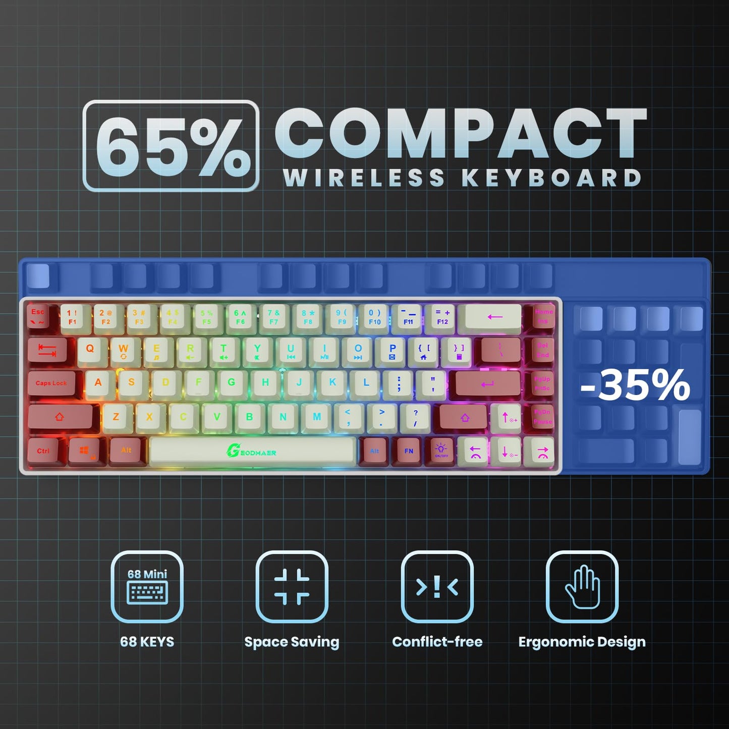 GEODMAER 65% Wireless Gaming Keyboard: LED Backlit, 68 Keys, Ultra-Compact, Anti-ghosting, No-Conflict Wireless Keyboard for PC Laptop Windows Gamer(White-Red)