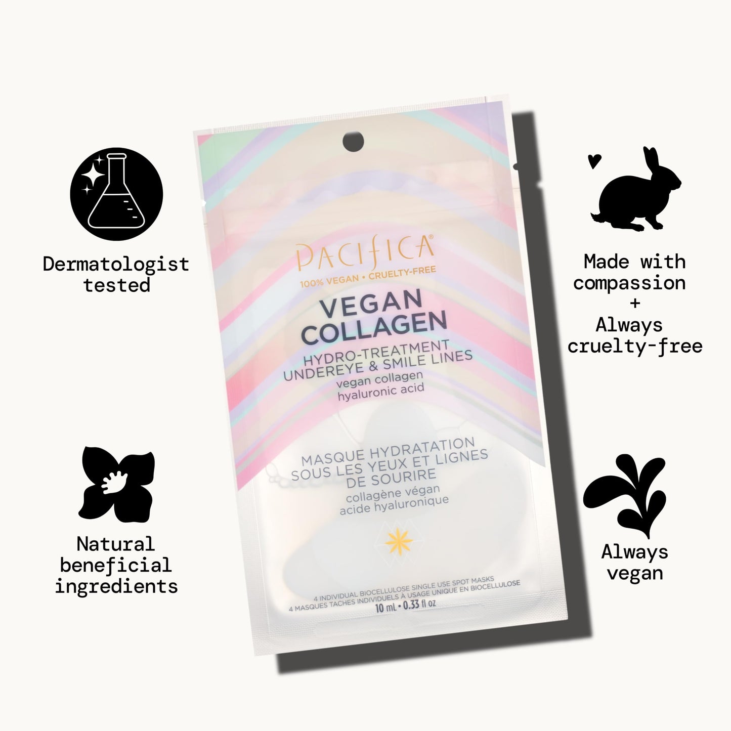 Pacifica Undereye & Smile Mask Set – Vegan Collagen Hydro Treatment with Hyaluronic Acid, Hydrating for Dark Circles, Dry & Combination Skin, Vegan & Cruelty-Free, 4 Pieces