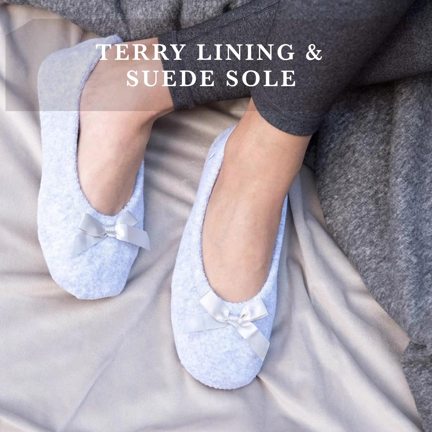 isotoner Women's 2 Pack Microterry Ballerina Slippers with Satin Bow, Suede Sole, and Terry Lining , Periwinkle Quilted/Ash Solid, 8-9