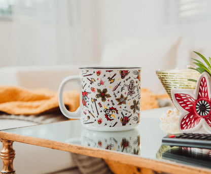 Silver Buffalo Stranger Things Hellfire Club Icons Ceramic Camper Mug | BPA-Free Travel Coffee Cup For Espresso, Cocoa, Tea | Holds 20 Ounces