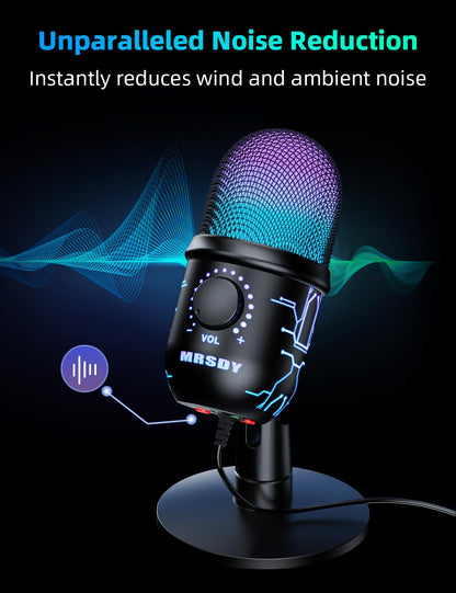 MRSDY Gaming Microphone, USB Computer Microphone for PC, Mac, PS4/5, Condenser Podcast Mic for Studio Recording, YouTube, Streaming, with Headphone Jack, Led Light, Mute, Gain, Noise Cancellation