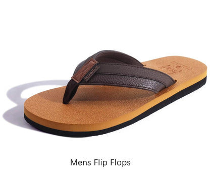 KuaiLu Mens Leather Flip Flops Arch Support Summer Beach Pool Water Thong Sandals Waterproof Essentials Walking Shoes Slip on Orthotic Casual Sport Cushioned Wide Slides Shower Slippers Khaki Size 11