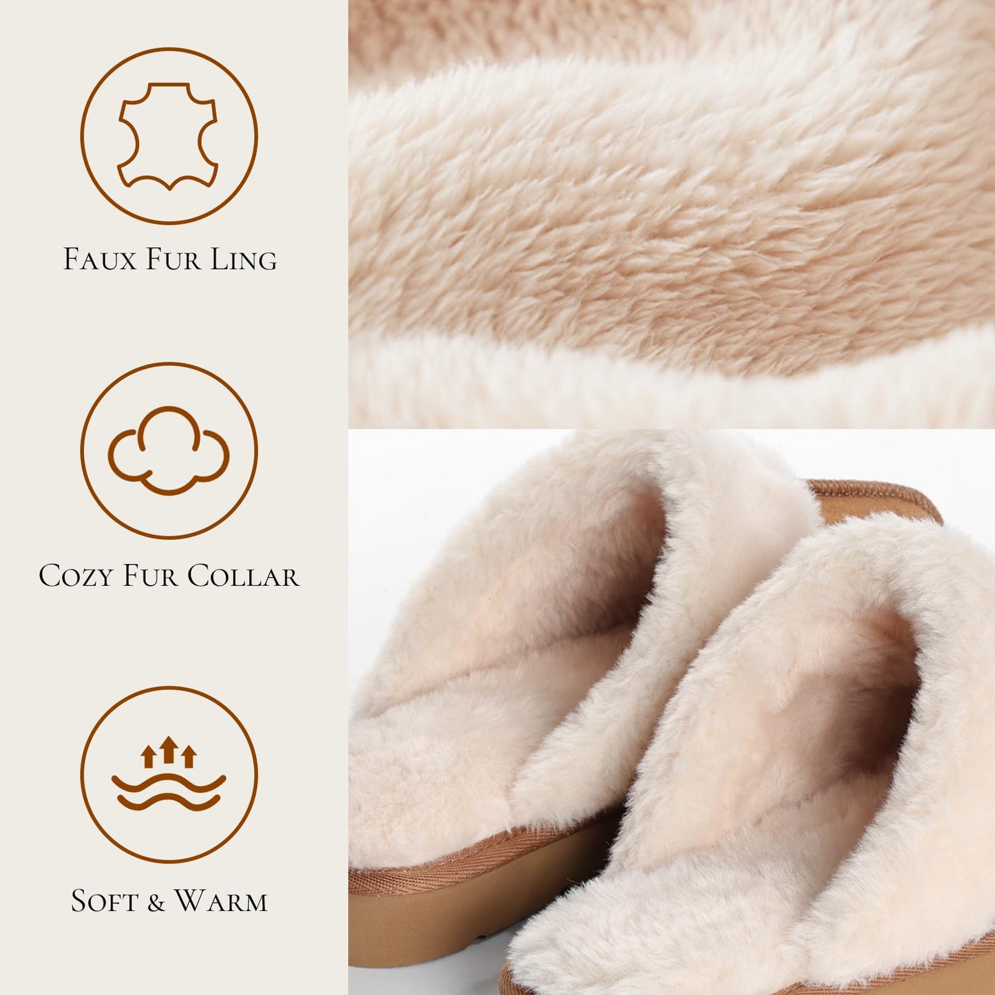 OOW Fuzzy Slippers for Women Cozy Faux Fur House Shoes Winter Warm Memory Foam Slippers for Indoor and Outdoor Chestnut Size 8.5