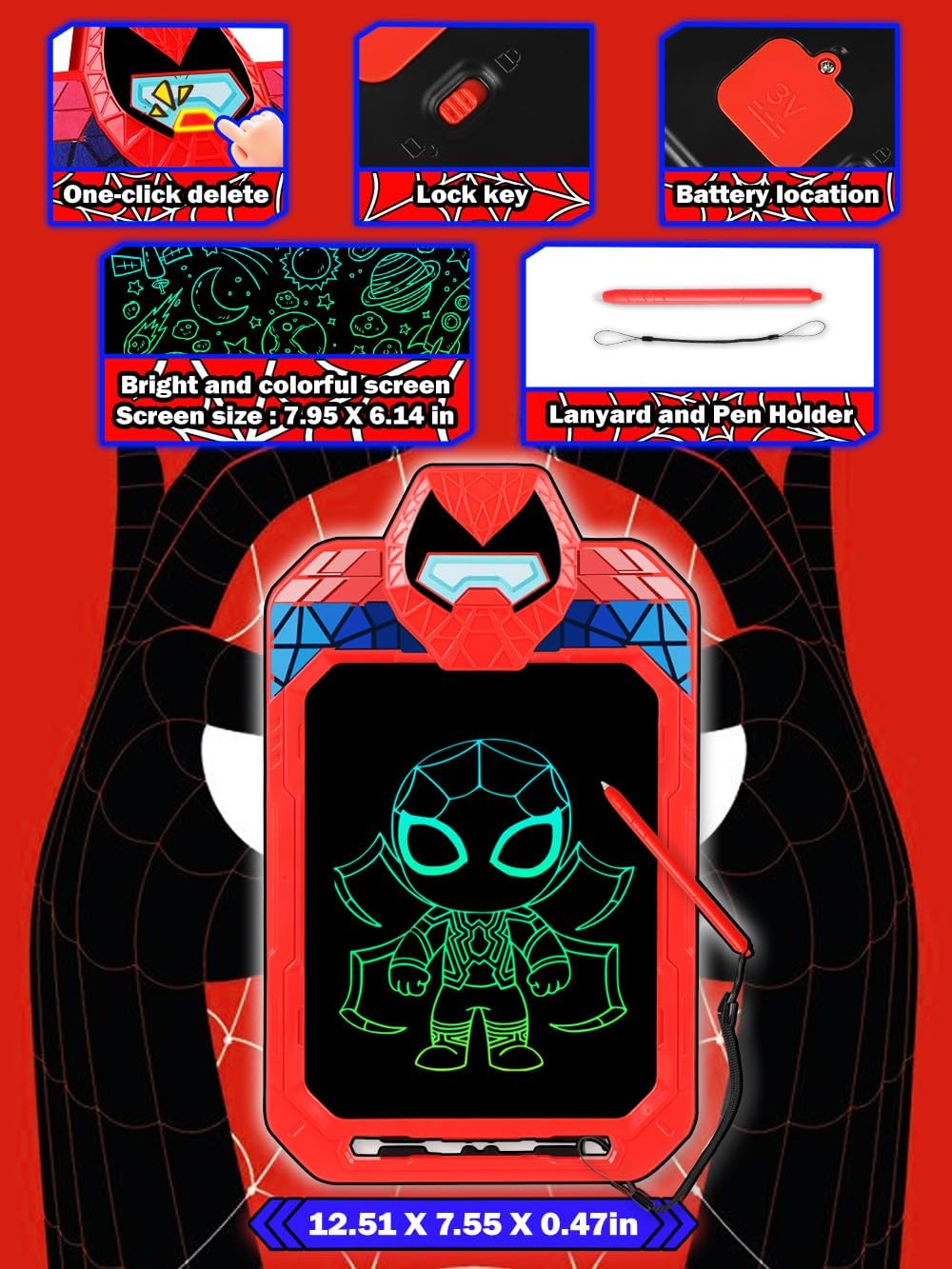 Fullware LCD Writing Tablet for Kids 10 Inch Spider Hero for Toddler 3 4 5 6 7 8 - Paint, Doodle Board, Drawing Pad - Travel Toys, Road Trip Car Activities, Birthday Christmas Gift Boys & Man