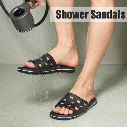 FINLEOO Shower Shoes for Women Men, Quick Drying Shower Sandals with Drain Holes Non-Slip Pool Slides Comfortable Lightweight House Slippers-Black