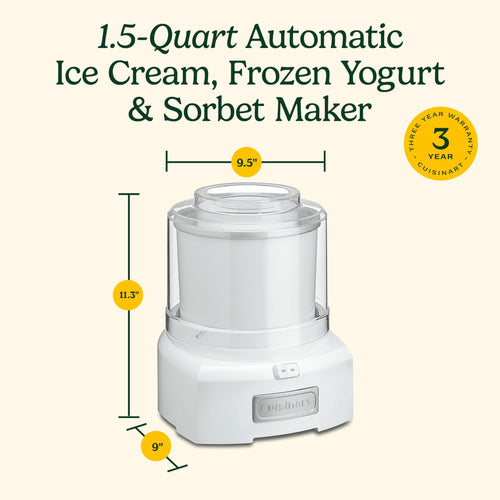 Cuisinart Ice Cream Maker Machine, 1.5 Quart Double Insulated Machine, Sorbet and Frozen Yogurt Maker, Ready in 20 Minutes, ICE-21P1, White