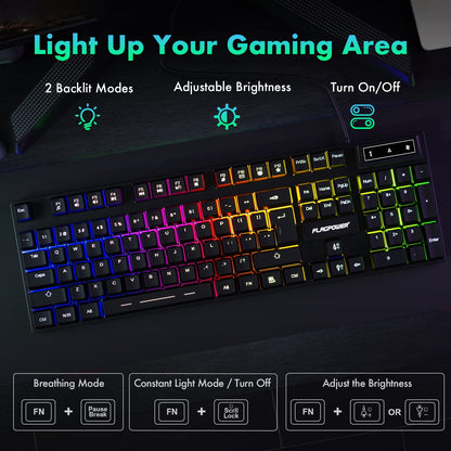 FLAGPOWER RGB Gaming Keyboard and Breathing Mouse Combo, Adjustable Breathing Backlit Mechanical Feeling Keyboard with 4 Colors 4800DPI Backlight Mouse for PC Laptop Computer Game and Work