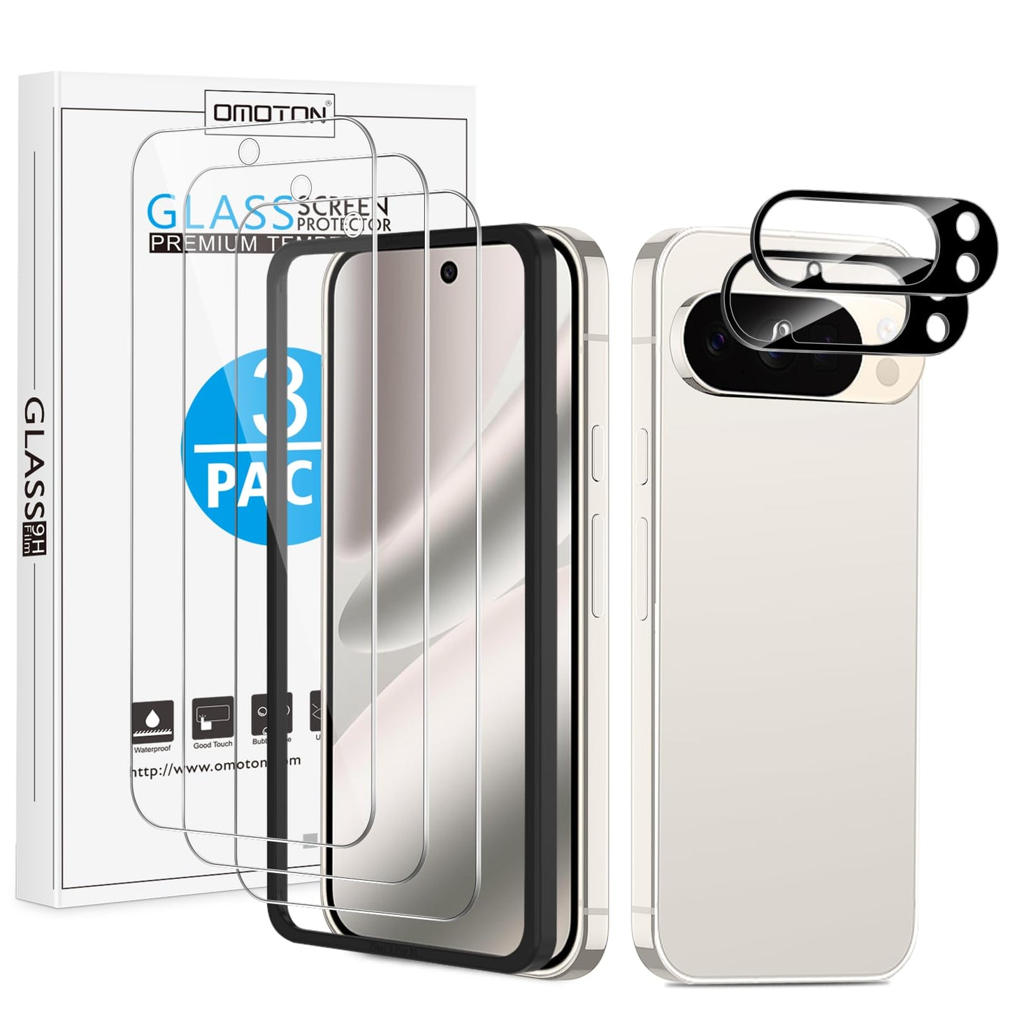 OMOTON 3+2 Pack for Google Pixel 10 Pro Screen Protector 6.3 inch, 3 Pack Tempered Glass Screen Protector&2 Pack Camera Lens Protector with Alignment Framework, Case Friendly(Not for 10/10 Pro XL)