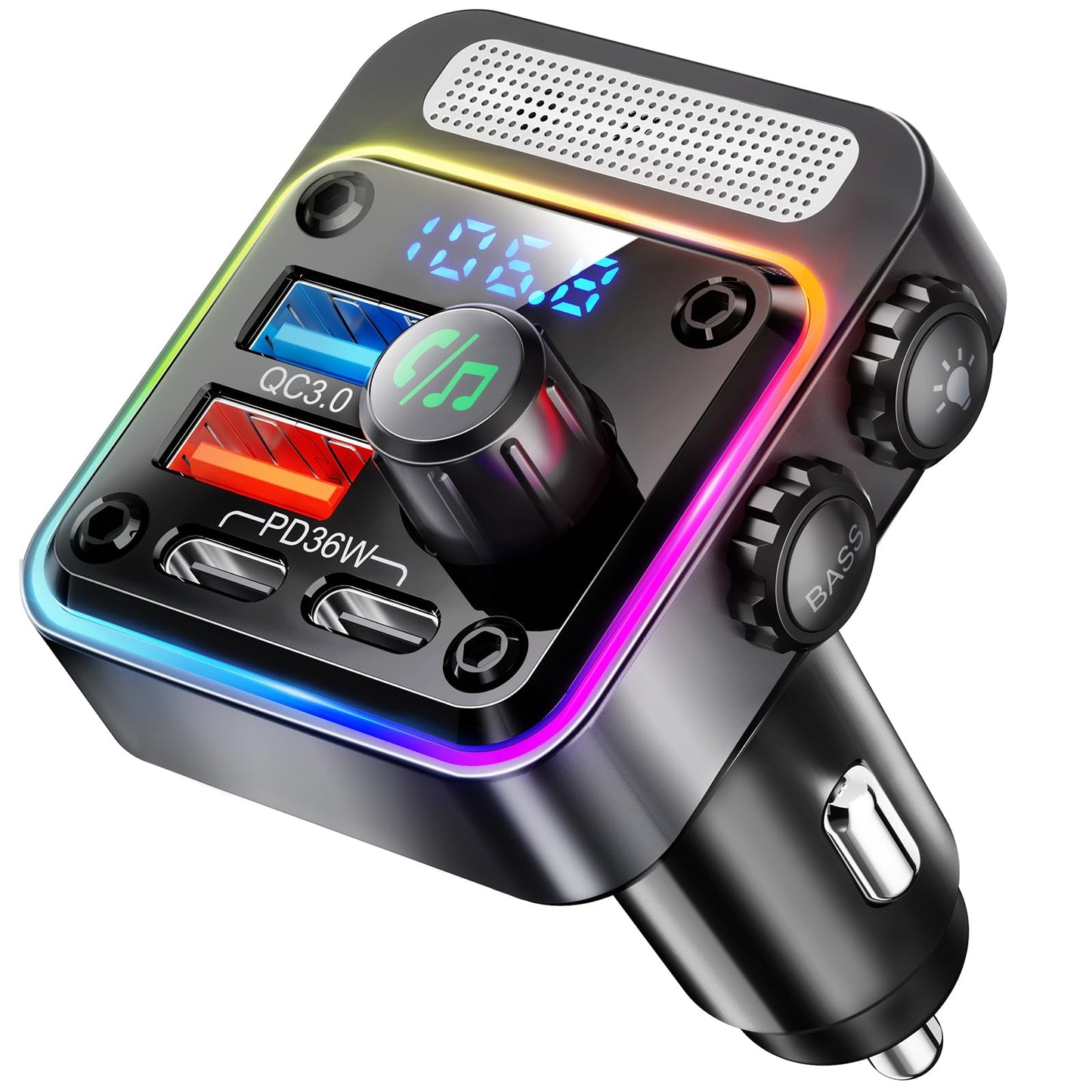 Nulaxy 54W Bluetooth 5.3 Car Adapter Charger 4-Port Fast Charging [PD36W & QC3.0 18W], Wireless Radio FM Transmitter with Deep Bass Player, 5 Colors LED Backlit, Hands-Free Calling, Support USB Drive
