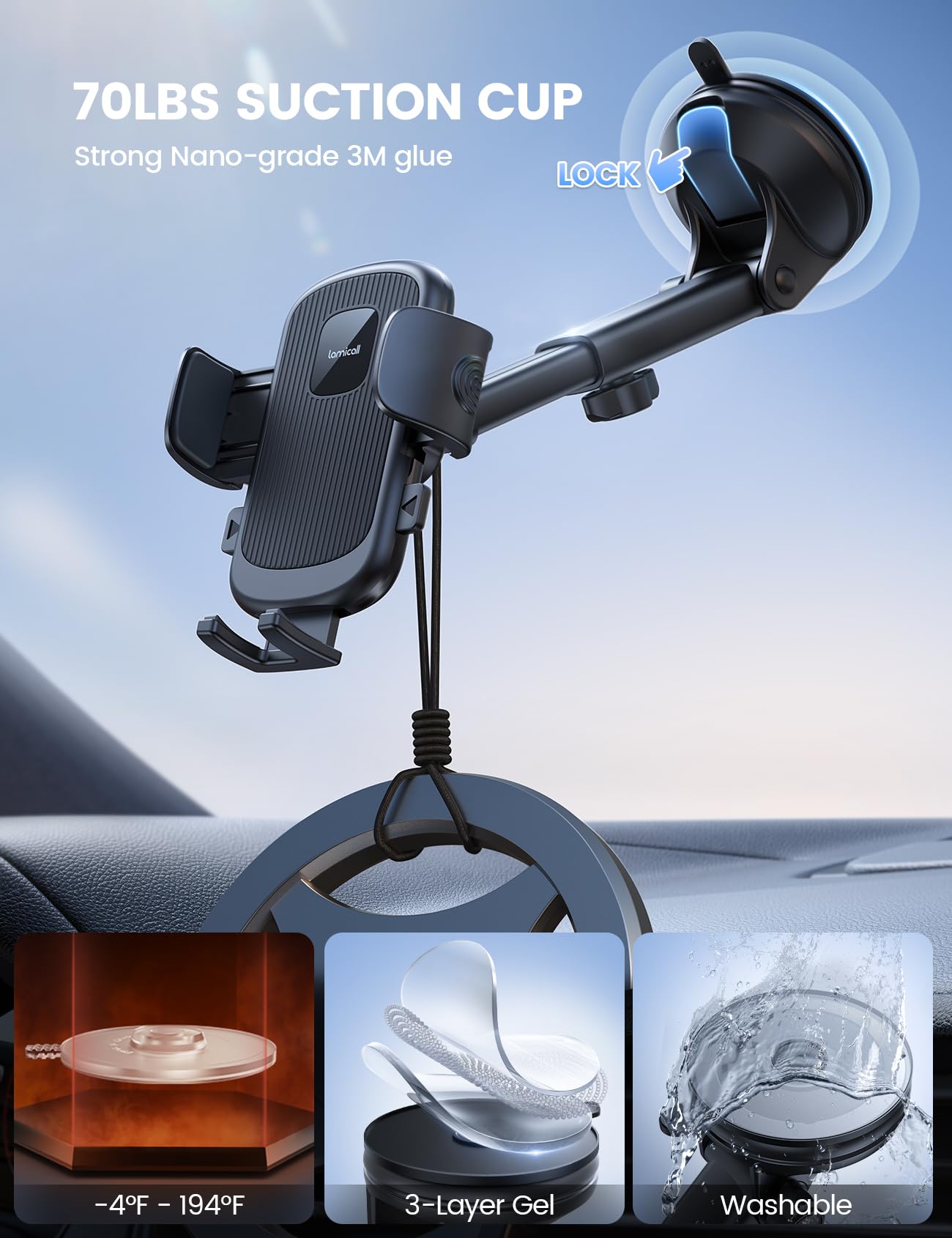 Lamicall Phone Mount for Car [3-in-1 Military-Grade Suction Cup] 360° Rotation Phone Holders for Your Car [Metal Hook] Cell Phone Car Mount Dashboard Vent Windshield for iPhone 17 16 15 Pro Max