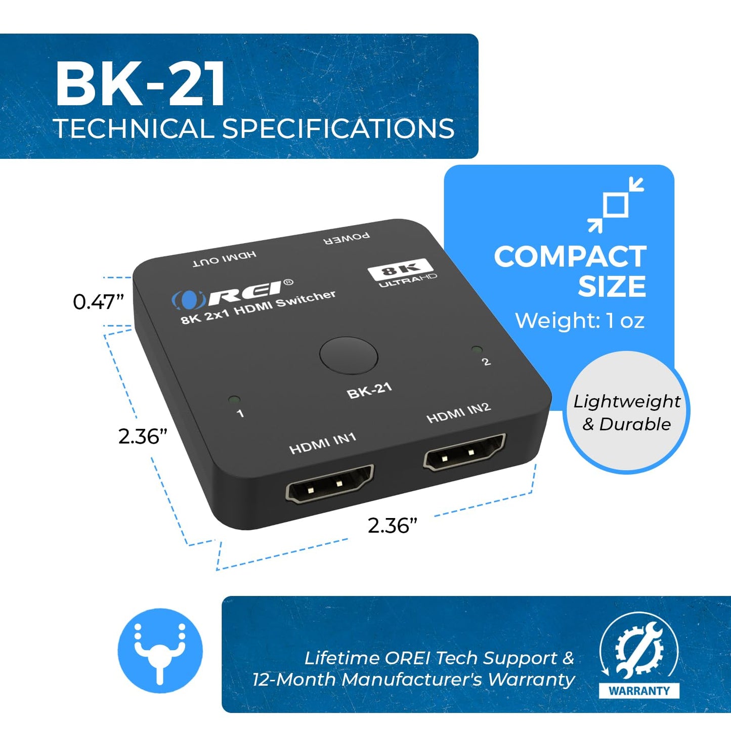 OREI 8K 2x1 HDMI Switch 4K@120hz - Auto HDMI Selector 48Gbps High Resolution Switch Between 2 Inputs Perfect for Gaming, PS5, Xbox, HDR10, Dolby Vision
