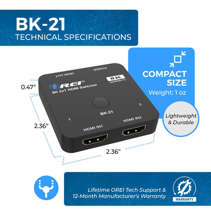 OREI 8K 2x1 HDMI Switch 4K@120hz - Auto HDMI Selector 48Gbps High Resolution Switch Between 2 Inputs Perfect for Gaming, PS5, Xbox, HDR10, Dolby Vision