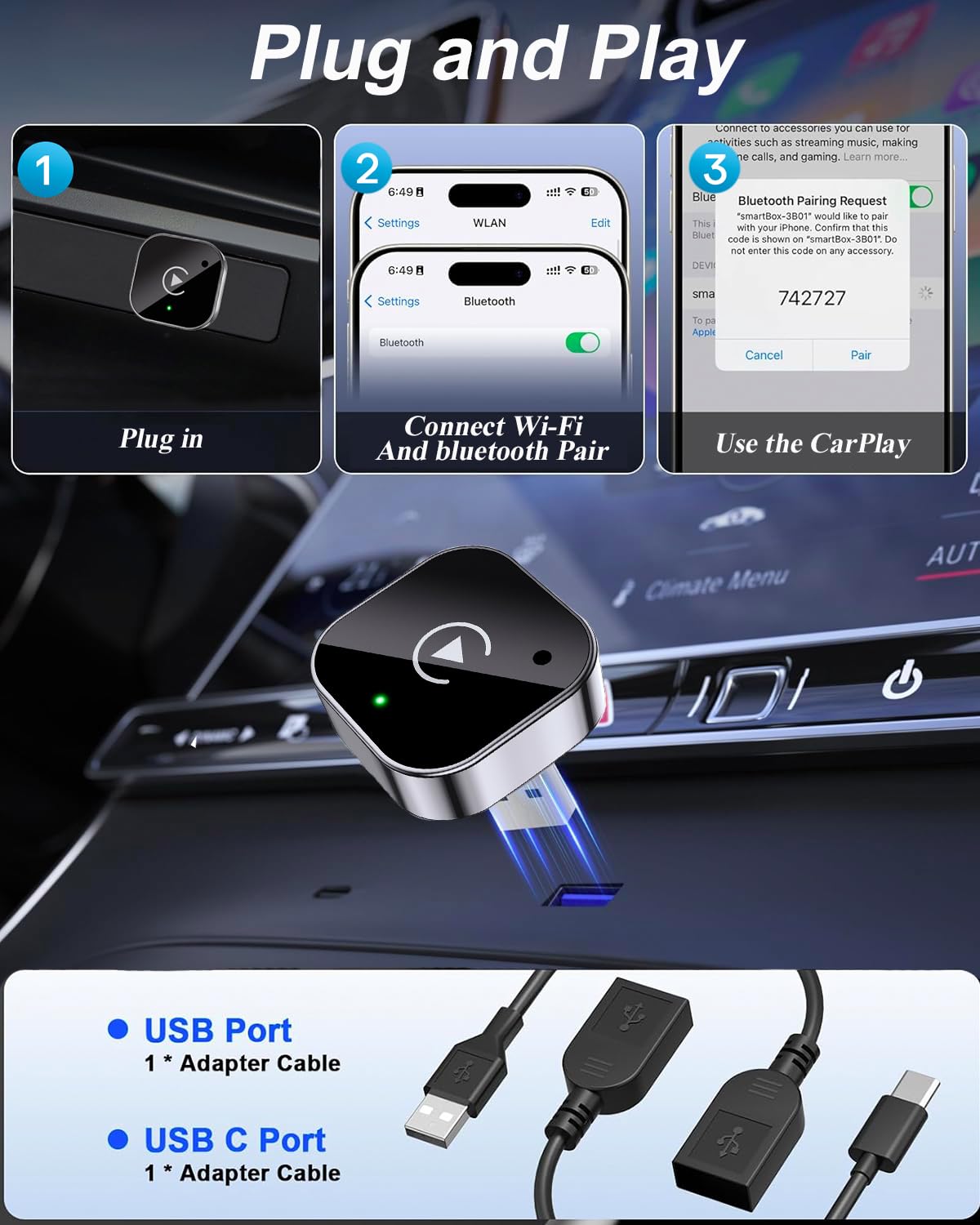Huatsing 2025 Upgraded Mini Wireless CarPlay & Android Auto Adapter, 2-in-1 CarPlay DonglePlug & Play Wireless CarPlay Adapter with USB/USB-C Port(Black)