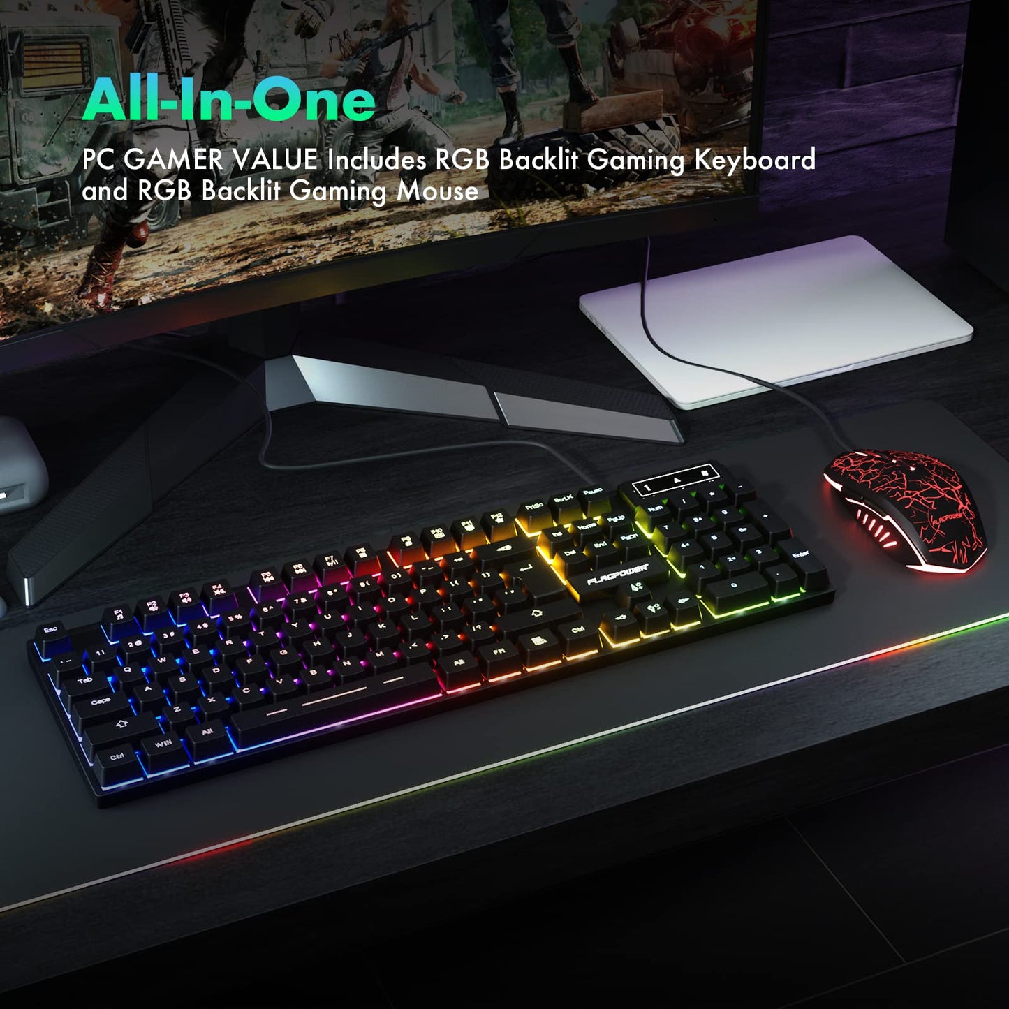 FLAGPOWER RGB Gaming Keyboard and Breathing Mouse Combo, Adjustable Breathing Backlit Mechanical Feeling Keyboard with 4 Colors 4800DPI Backlight Mouse for PC Laptop Computer Game and Work