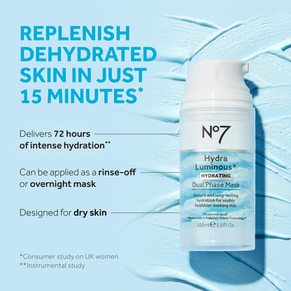 No7 HydraLuminous+ Hydrating Dual Phase Face Mask - Hyaluronic Acid Overnight Face Mask with Vitamin B3 Niacinamide for Skin Barrier Repair & Radiant-Looking Skin (3.5 Fl Oz)