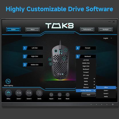 TMKB Falcon M1SE Ultralight Honeycomb Gaming Mouse, High-Precision 12800DPI Optical Sensor, 6 Programmable Buttons, Customizable RGB, Drag-Free Paracord, Ergonomic, Wired - Matte White