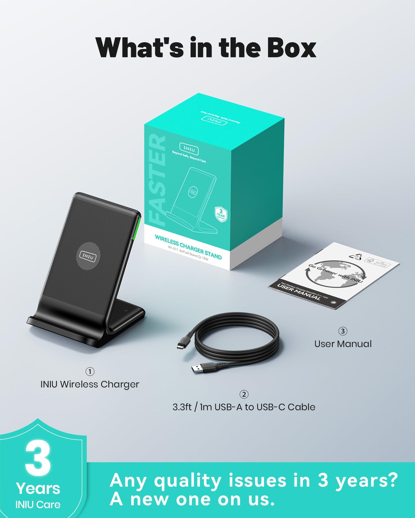 INIU Wireless Charger, 15W Fast Qi Certified Wireless Charging Station with Sleep-Friendly Adaptive Light Compatible with iPhone 17 16 15 14 13 12 Pro Max Samsung Galaxy S25 S24 S23 Note 20 Google etc