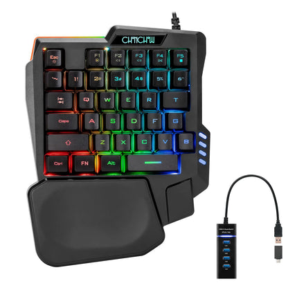 CHONCHOW One Handed Gaming Keyboard, 35 Keys, Rainbow LED, Wired USB, Ergonomic with Wrist Rest, Mini Portable, PS4/PS5/Xbox/PC/Laptop Compatible