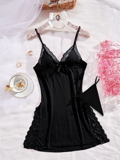 Foxiny Sexy Split Side Floral Lace Trim Full Slip Night Gown Babydoll Lingerie Dress with Thong 2 Piece Women High Slit Cami Nightgown Pajamas Set Nighty Sleep Wear Black Medium