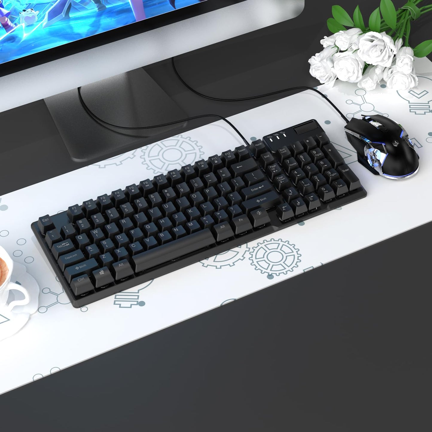 AF981 Wired 99Keys Computer Keyboard, Quite Brown Mechanical Feeling Membrane Gaming Keyboard, Colorful Backlit, Volume Scroll Wheel for PC Laptop, Black