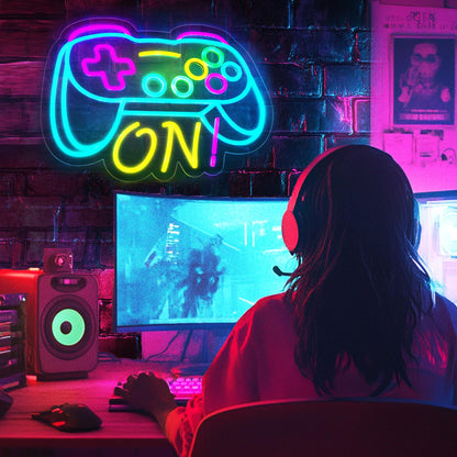 Gamer Neon Sign for Boys Gaming Room Bedroom Wall Decor, Gifts for Teen Kids, Video Game LED Light for Men, Gamepad Shaped Dimmable USB Powered Neon Lamp Game Room Accessories (16 X 12.5 inches)