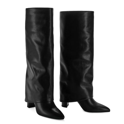 Modatope Women's Black Tall Boots, Fold Over Knee High, Block Heel, Size 7