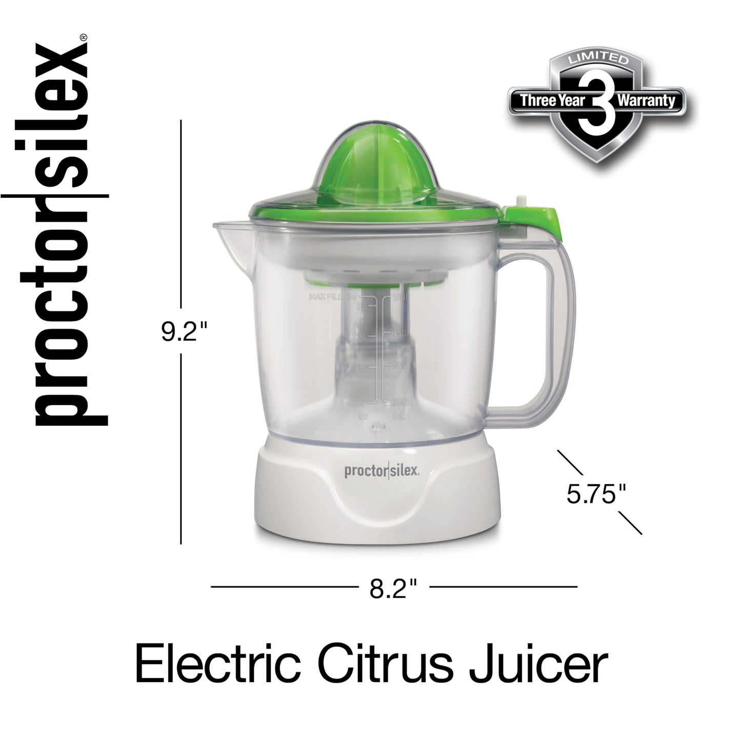 Proctor Silex Electric Citrus Juicer Machine, Large 34 oz. Pitcher, Pressure Activated, 2 Reamers for Big and Small Fruit, Pulp Control, for Orange, Lemon, Grapefruit Juice, White & Green (66340)