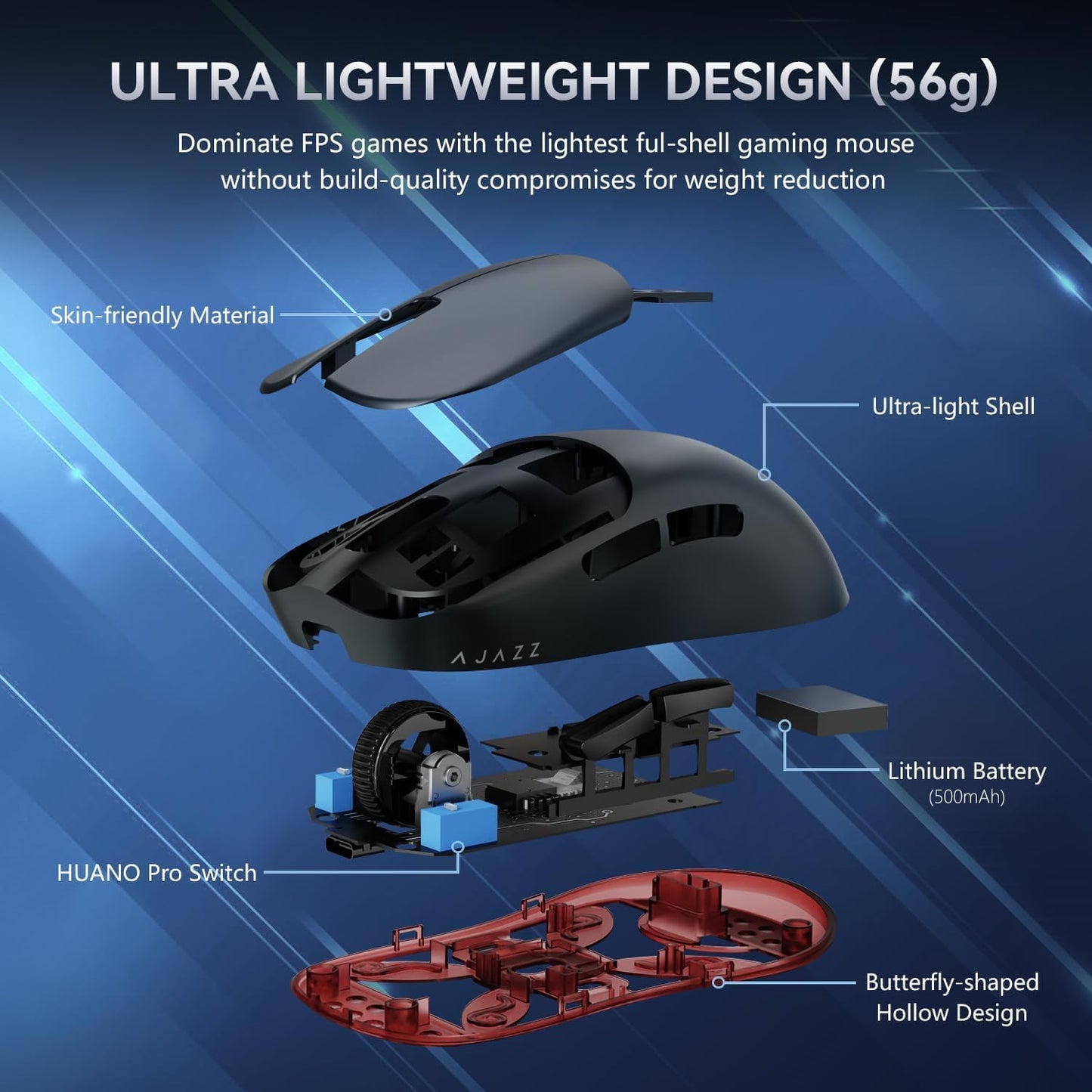 Ajazz AJ099 Superlight Wireless Gaming Mouse, Ergonomic 54g Ultra Lightweight 2.4Ghz/Wired Computer Mouse, PAW3311 12000 DPI Optical Sensor, 200Hrs Battery Programmable Buttons for Win/MAC PC Gamers