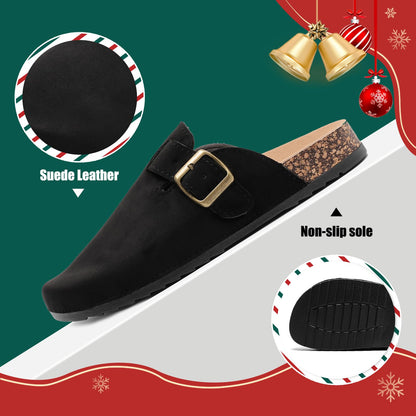 Women's Suede Clogs Mens Leather Mules Comfort Cork Footbed Antislip House Sandals Arch Support Potato Shoes with Adjustable Buckle Black