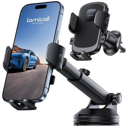 Lamicall Phone Mount for Car [3-in-1 Military-Grade Suction Cup] 360° Rotation Phone Holders for Your Car [Metal Hook] Cell Phone Car Mount Dashboard Vent Windshield for iPhone 17 16 15 Pro Max