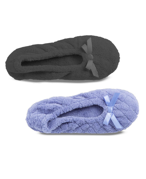 isotoner Women's 2 Pack Microterry Ballerina Slippers with Satin Bow, Suede Sole, and Terry Lining , Periwinkle Quilted/Ash Solid, 8-9