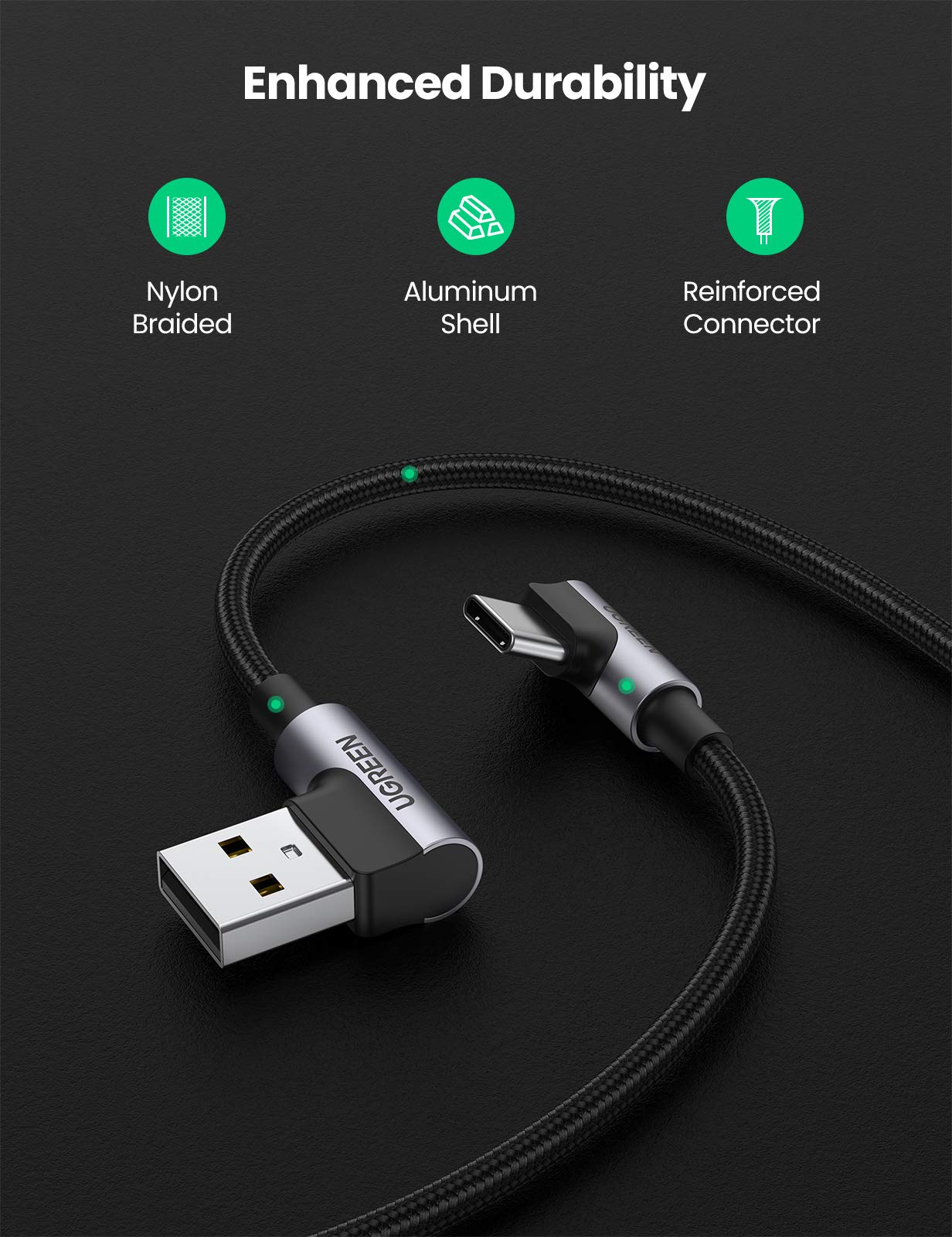 UGREEN USB to USB C Cable 90 Degree USB C Fast Charging Cord Compatible with iPhone 17/16/16 Plus/16 Pro/16 Pro Max/15/Samsung Galaxy S10/S10+/Pixel 9/6a/LG G8/G7/Pixel/Switch, etc, 1.6FT