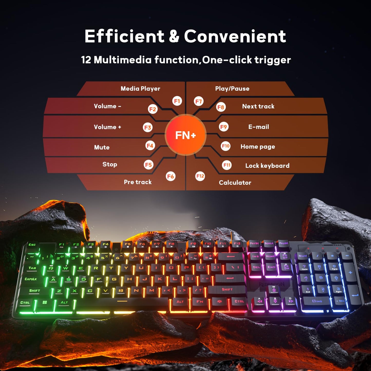Redragon K521 Upgrade Rainbow LED Gaming Keyboard, 104 Keys Wired Mechanical Feeling Keyboard with Multimedia Keys, One-Touch Backlit, Anti-Ghosting, Compatible with PC, Mac, PS4/5, Xbox