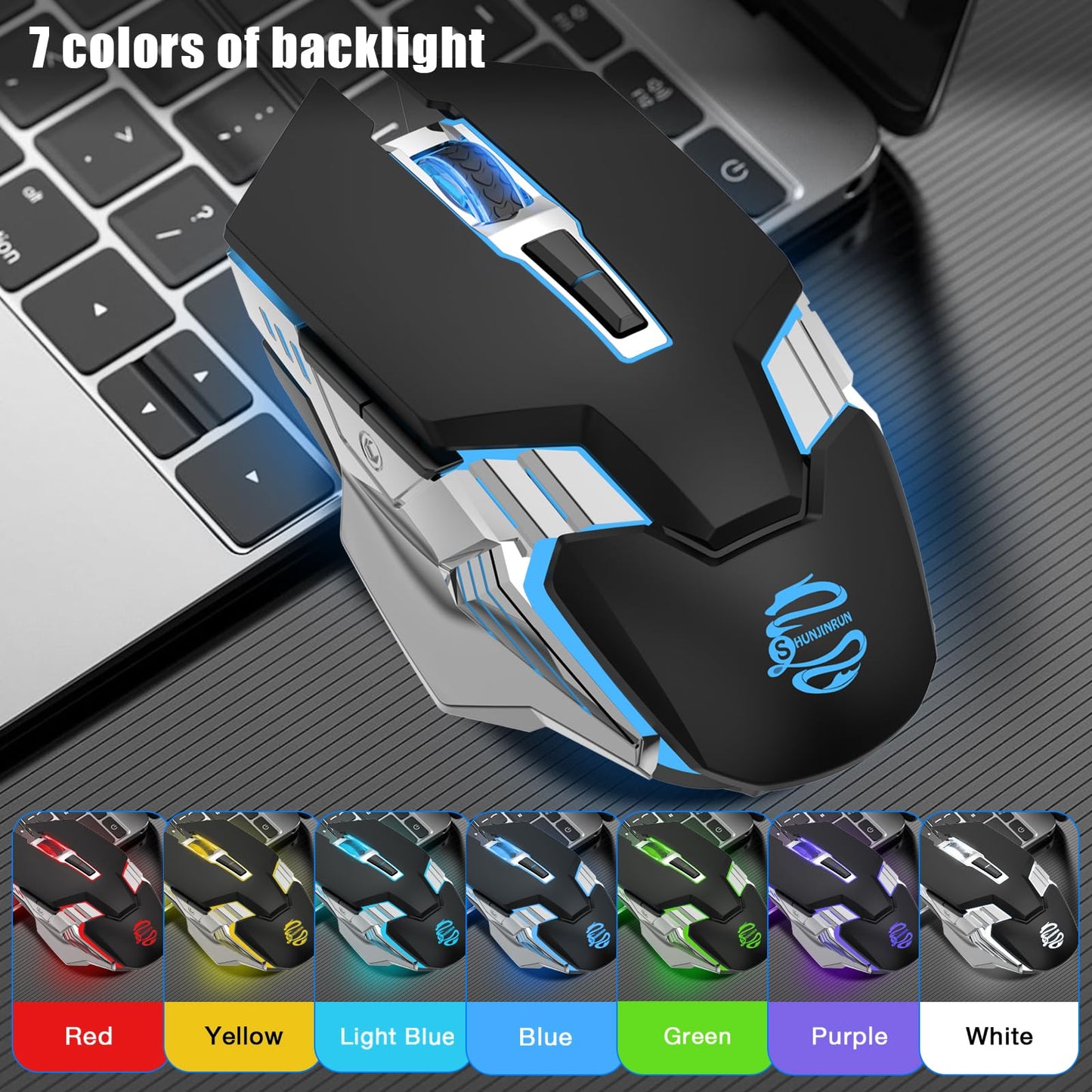 Bluetooth Mouse Wireless, Rechargeable, Multi-Device(2.4G/BT5.0/BT3.0), 7 Buttons, Silent Click, Ergonomic, 7-Color Backlit, LED Light up Mice for Laptop, Computer, Mac, PC, Chromebook - Black